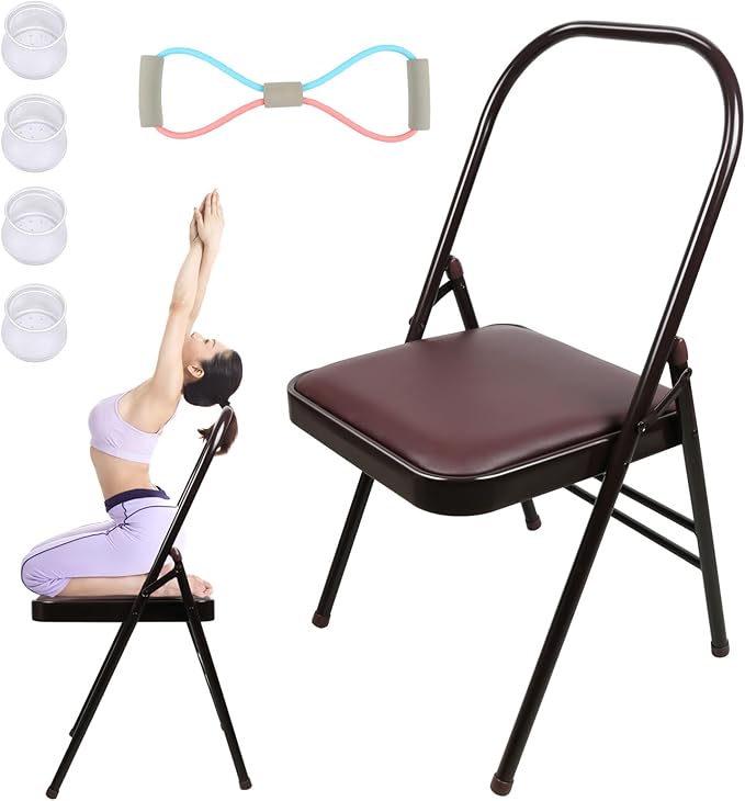 Yoga Chair Set Yoga Auxiliary Chair Flexibility Strength Training Tool, Foldable Yoga Chair for Balance Training, with Figure S Resistance Belt, Chair Leg Cap, Brown