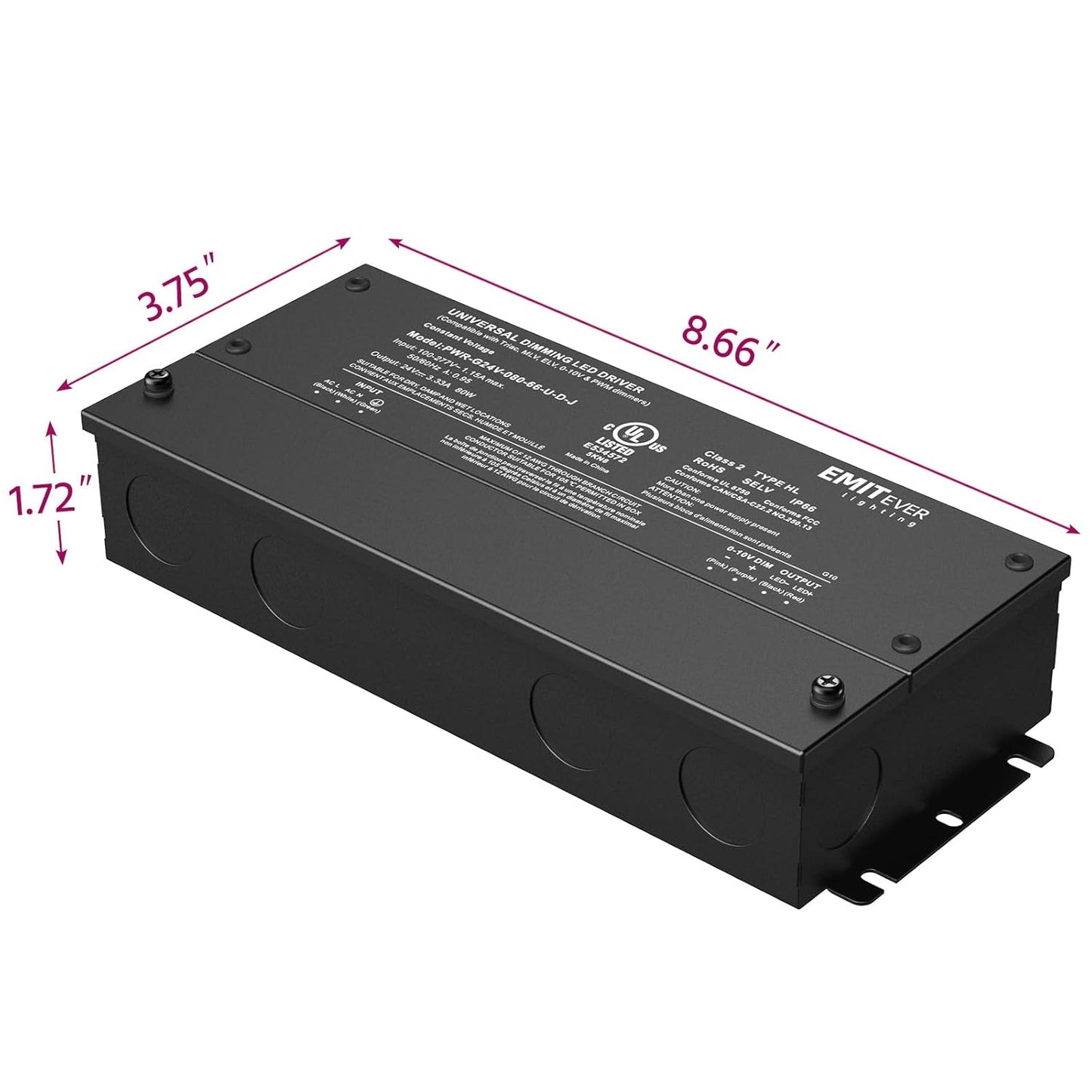 EMITEVER Dimmable Led Driver, 80W AC 110V-277V to DC 24V Transformer, 5-in-1 Dimming: ELV/MLV/TRIAC / 0-10V / 1-10V / 10V PWM/Potentiometer,Class 2,Waterproof IP67 and UL Listed，Class 2