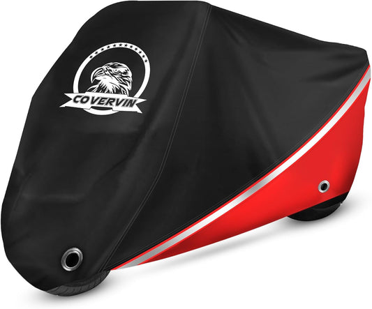 COVERVIN Motorcycle Cover, All Weather Outdoor Waterproof Night Protection with Reflective Strips, Locking Holes and Storage Bag for 86 Inch Suzuki, Kawasaki, Honda, Harley-Davidson(Red M)