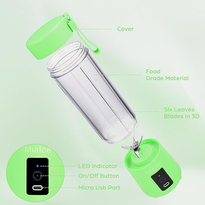 [Upgraded Version] Personal USB Juicer Cup ,Portable Juicer Blender ,Household Fruit Mixer - Six Blades in 3D,Rechargeable Fruit Mixing Machine For Baby Travel 380ml(green)