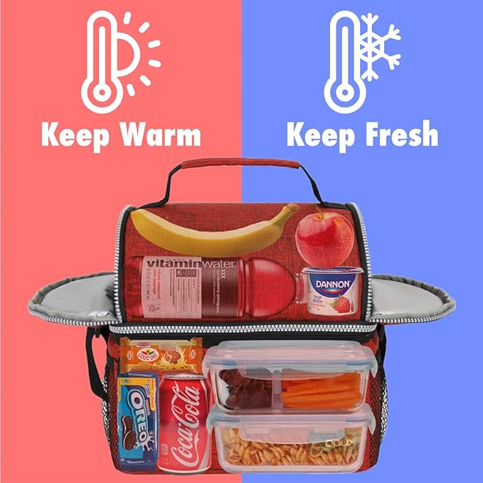 opux Lunch Bag Women Insulated, Adult Lunch Box Cooler, Lunch Box for Men, Dual Compartment Lunchbox for Work, Leakproof Double Decker Lunch Bag, Soft Lunch Pail Tote Girls Boys Kids School, Red