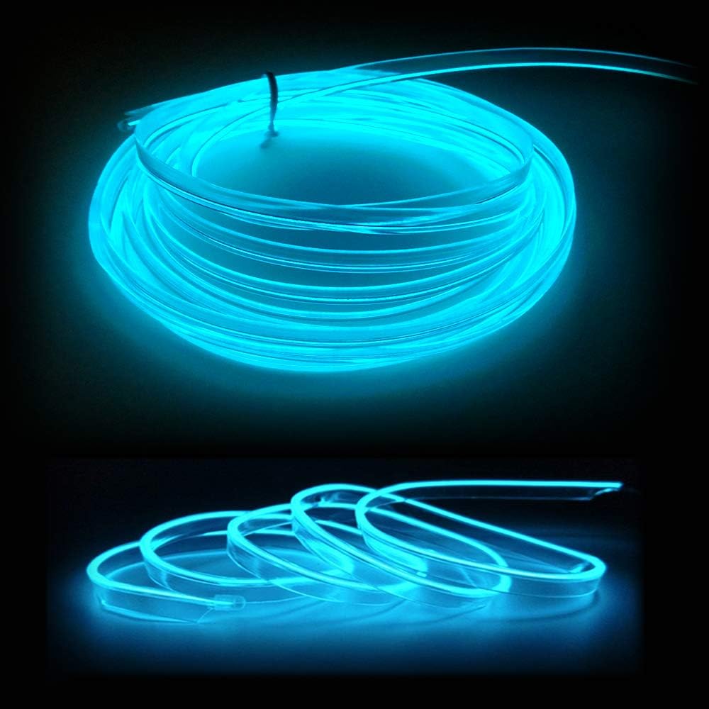 El Wire Ice Blue Interior Car LED Strip Lights, 5M Neon Wire USB 5V with Fuse Protection for Automotive Interior Decoration, with 6mm Sewing Edge