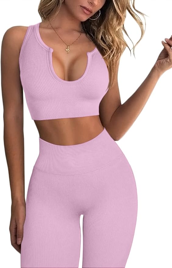QINSEN Workout Outfits for Women 2 Piece Ribbed Seamless Crop Tank High Waist Yoga Leggings Sets
