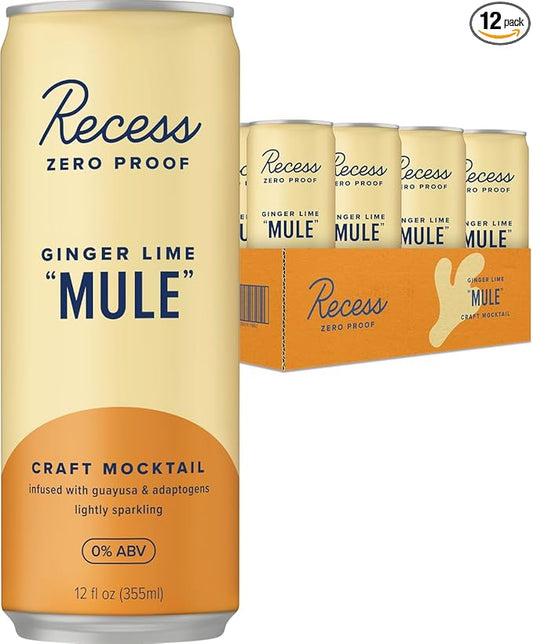 Recess Zero Proof Craft Mocktails, Alcohol Free Drinks, With Adaptogens, Non-Alcoholic Beverage Replacement, Mixer, Celebration, Party, (Ginger Lime "Mule", 12oz, Pack of 12)