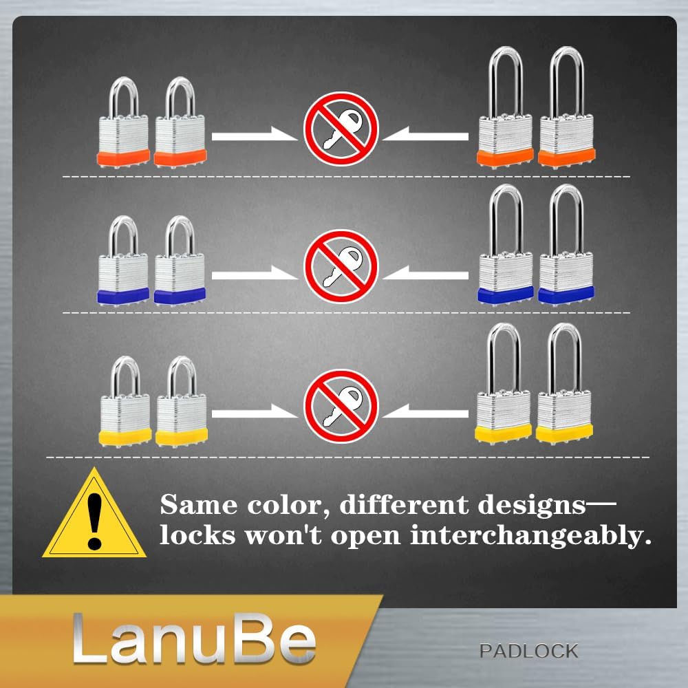 Lanube Lock 12-Pack Laminated Keyed Padlock Set 3 Colors, 2 Short 2 Long Shackles per Color,The Same Color and Shackles Combination. Open with The Same Key.6 Independent Combinations.