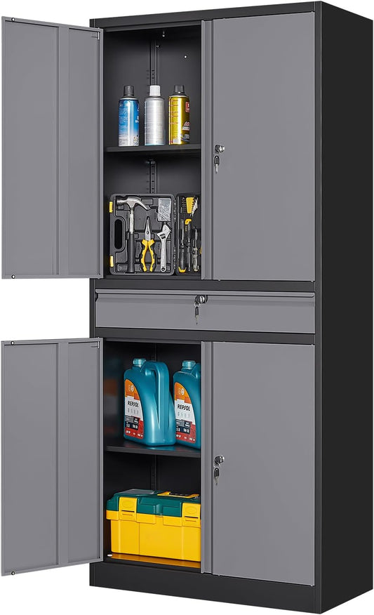 Yizosh Metal Garage Storage Cabinet with Locking Doors and Adjustable Shelves, 71" Steel Tool Storage Cabinet with 1 Drawer for Garage,Office,Warehouse (Gray Black)