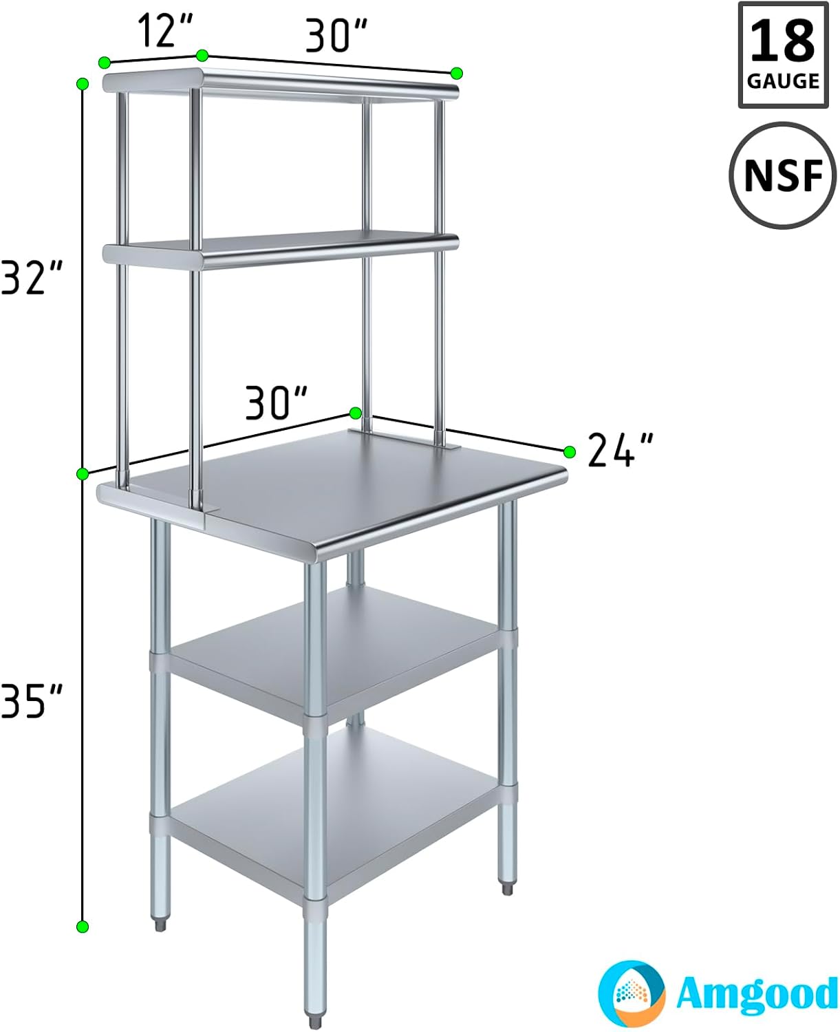 Amgood Stainless Steel Work Table with 2 Shelves | Metal Kitchen Prep Table & Shelving Combo (24" x 30" Table with 2 Shelves + 12" Overshelf)