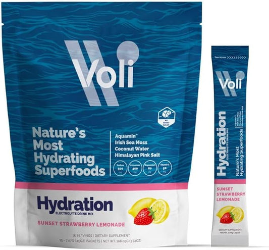 Voli Electrolytes Powder Packets | No Added Sugar Electrolyte Drink Mix for Hydration | Keto & Fasting Friendly, Natural Superfoods & Minerals | Strawberry Lemonade, 15-Count