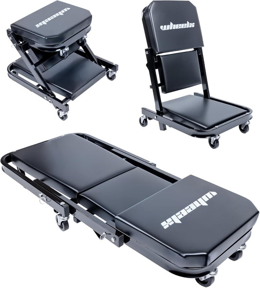 Mechanic Creeper 40inches 3-in-1 Z Seat 480lbs Capacity, Foldable Garage Chair Adjustable Rolling Black with 6pcs Wheels Roller, Lay Down Sit Lean Back, Under Car Shop Auto Repair, Man Gift
