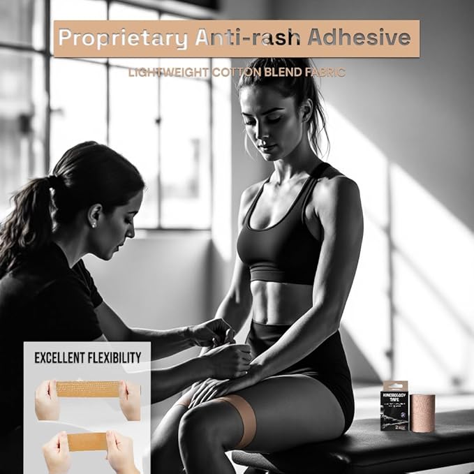JLB Kinesiology Tape – 2 Rolls (16ft Each) – Strong Adhesion, Waterproof & Sweatproof – Latex-Free Sports Tape for Pain Relief, Muscle Support & Recovery – Physical Therapy & Athletic Tape (Beige)