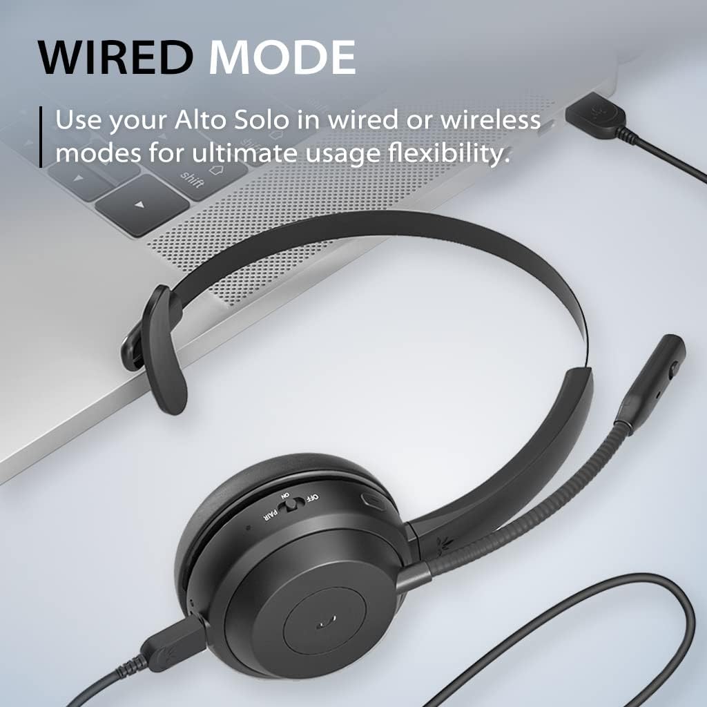 Alto Solo - Wireless Headset with Mic for Work with Qualcomm Bluetooth Solution, CVC Noise-Canceling for PC, Computer & Laptop, Charging Stand, Mute Button, Wired Headphones Option