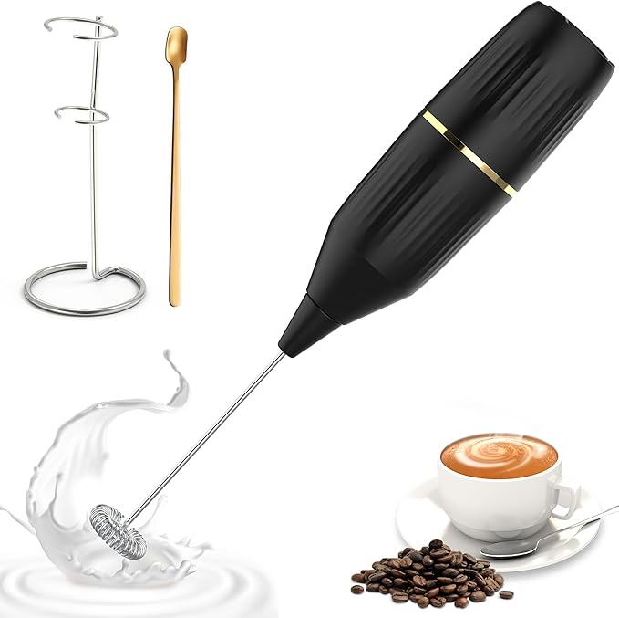 Handheld Milk Frother 14,000 RPM Drink Mixer Wand with Stand & Stirring Spoon Quiet One-Button Operation, Non-Slip Handle, Detachable Whisk Head for Coffee, Lattes, Cappuccinos, Matcha (Black)