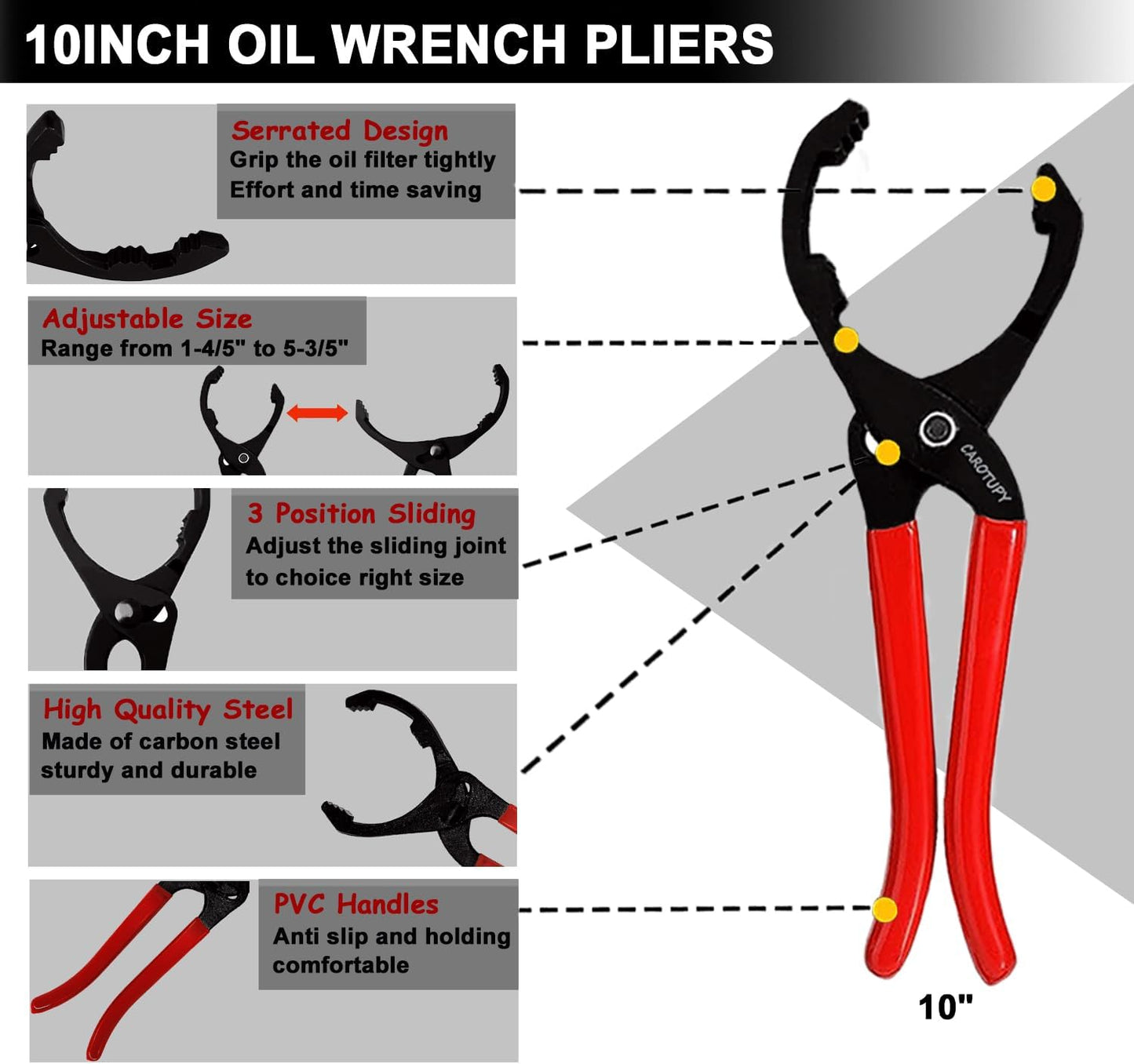 5Pcs Adjustable Oil Filter Pliers Set, Universal Oil Filter Removal Tool with Small Oil Funnel, 10" & 12" & 14" & 16" Oil Fliter Wrench From 1-1/4" to 8-1/2"