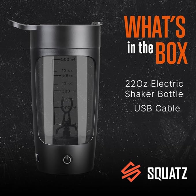 SQUATZ Electric Protein Shaker Bottle - Workout Blender Bottle - Portable Gym Shake Mixer, USB Rechargeable - 22oz