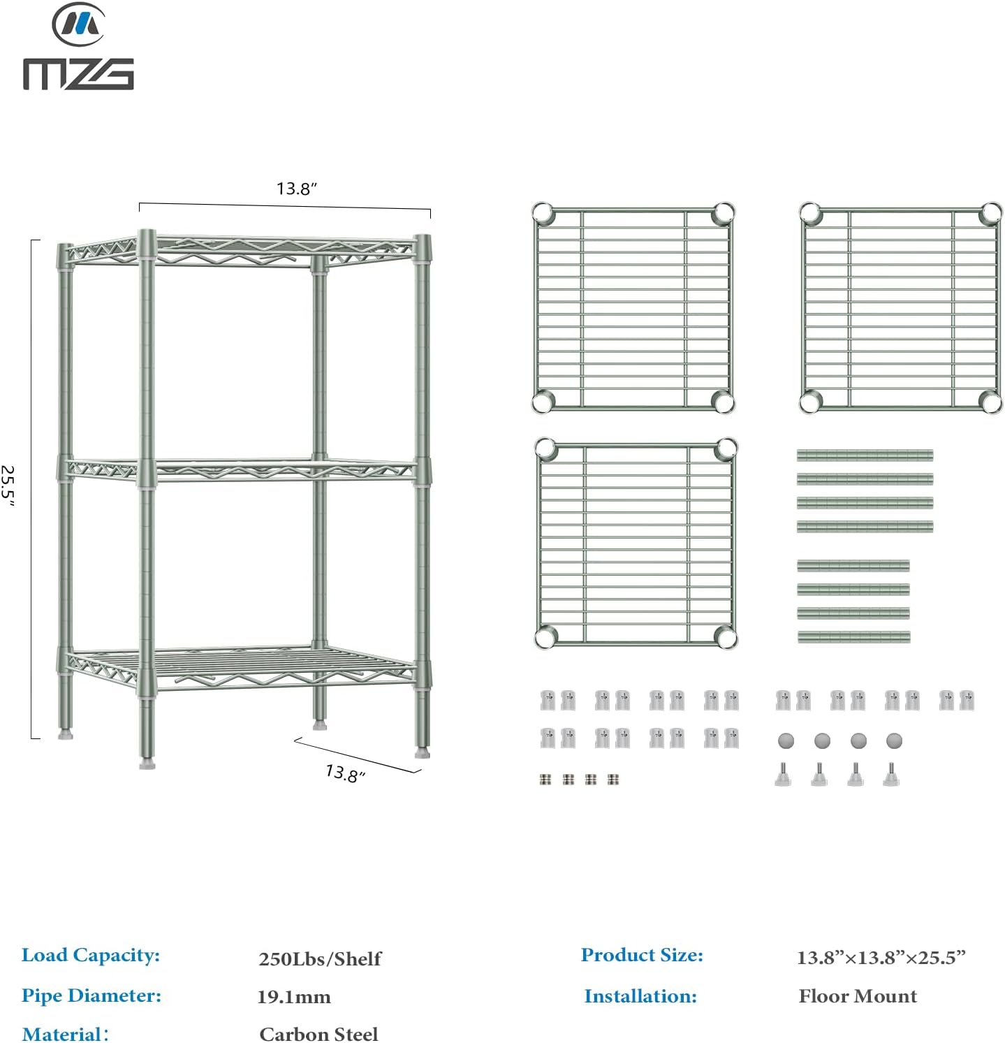 750 lbs 3-Shelf Storage Shelves Wire Shelving Unit Standing Metal Rack for Small Places Narrow Wire Rack for Bathroom, Green 13.8 D x 13.8" W x 25.5" H