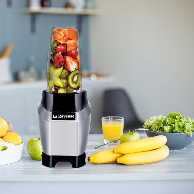 La Reveuse Personal Blender for Shakes and Smoothies 1000 Watt with 24 oz BPA-free Portable Travel Bottle, Dishwasher Safe (Silver)