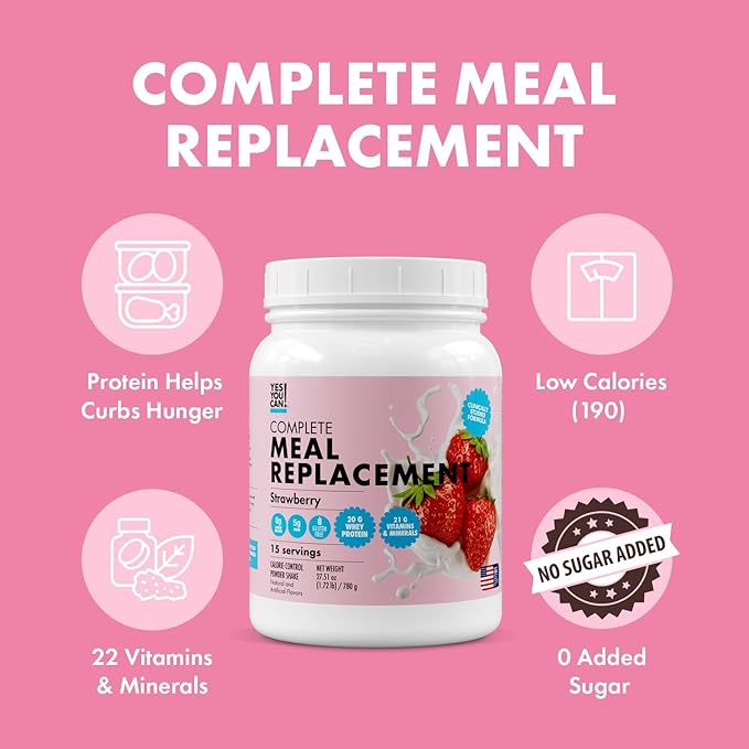 Yes You Can! Meal Replacement Shake - 20G Protein, 5G Fiber, 21 Vitamins & Minerals - Meal Replacement Protein Powder - Complete All-in-One Nutrition - 15 Servings (Strawberry) - 2 Pack