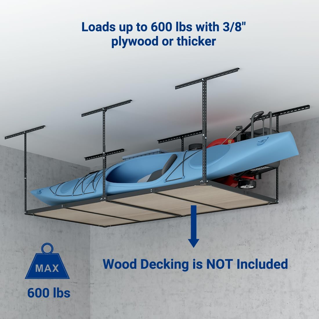 FLEXIMOUNTS 4x8 Overhead Garage Storage Rack without Decking, Storage Organization System, Heavy Duty Metal Garage Ceiling Racks, 600lbs Weight Capacity, Black