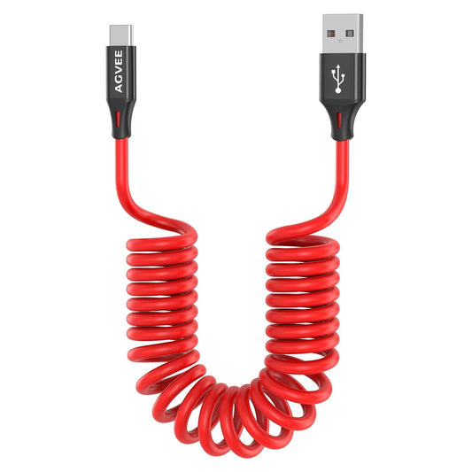 AGVEE 3ft Coiled Short USB to USB-C Charging Cable [USB-IF Certified] 3A Fast Charger Cord in Car for iPhone 16/15 CarPlay, Galaxy S25 S24 S23 S22 S21 S10 S9 S8, Google Pixel, Red