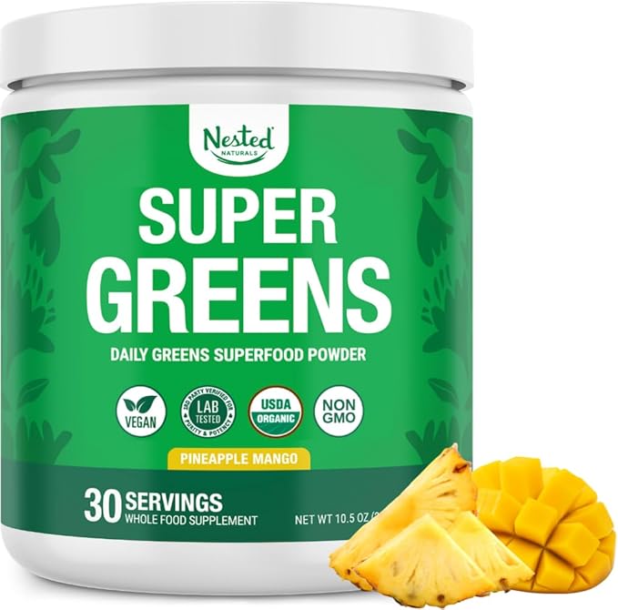 Super Greens Daily Greens Superfood Powder - Certified USDA Organic Green Powder w/20+ Whole Foods, Spirulina, Wheat & Barley Grass - Probiotics, Fiber & Enzymes - Pineapple Mango, 30 Servings