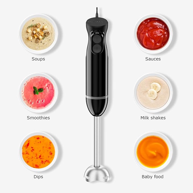 Bonsenkitchen Hand Blender, Immersion Blender with 2 Mixing Speed, Electric Handheld Blender Portable Stick Mixer with Stainless Steel Blades for Soup, Smoothie, Puree, Baby Food