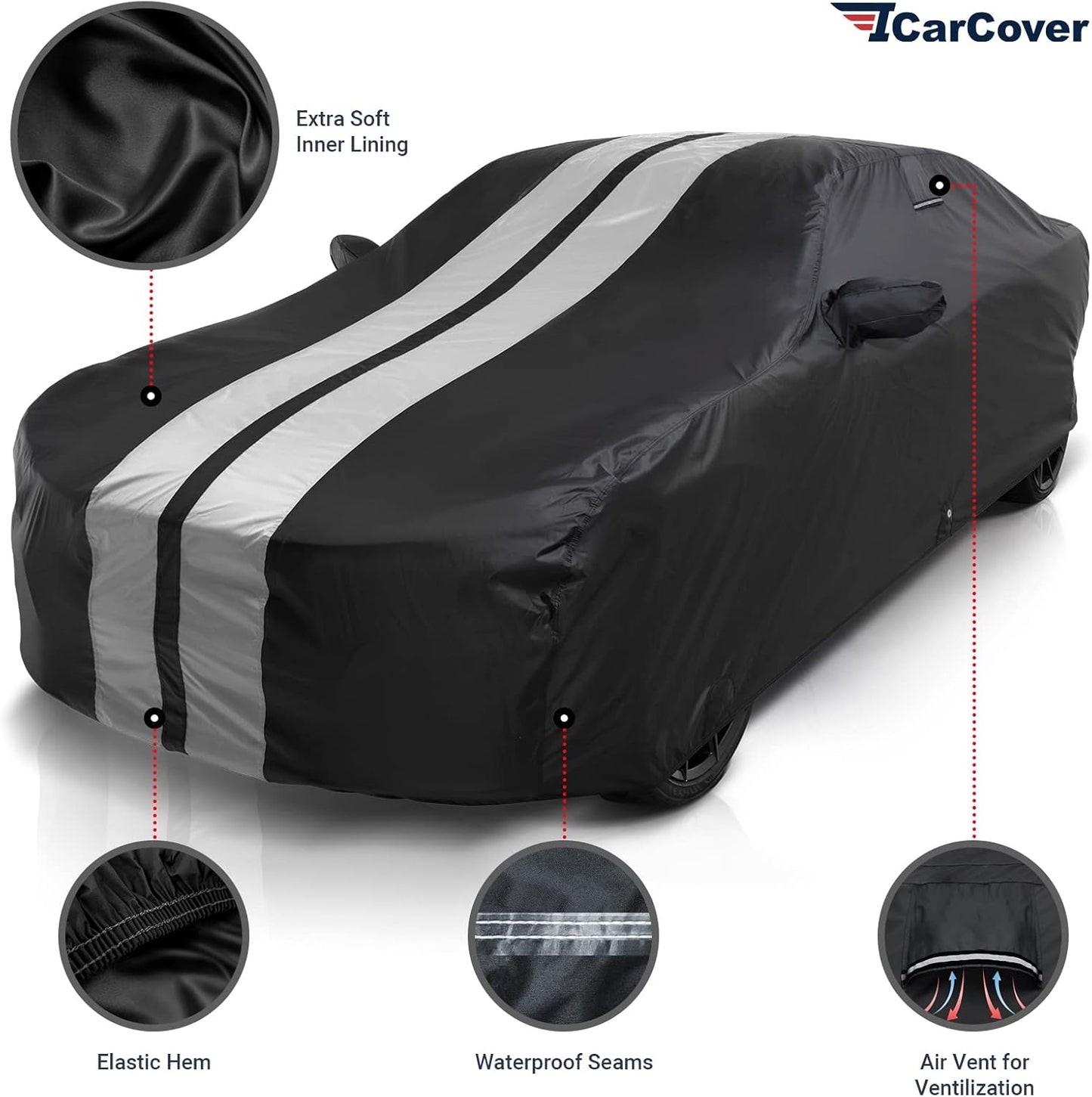 iCarCover Custom Car Cover Compatible with Mustang GT 1979-2004, Waterproof All Weather Rain Snow UV Sun Protector Full Exterior Indoor Outdoor Car Covers, Stripe (Black/Gray)