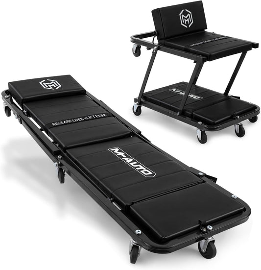 M-AUTO Heavy-Duty Convertible Mechanic Creeper, Z-Creeper 2-in-1 Creeper and Seat 48" Padded Adjustable Headrest Roller Garage Chair with 7 Swivel Casters for Washing, Detailing, Maintenance, Black