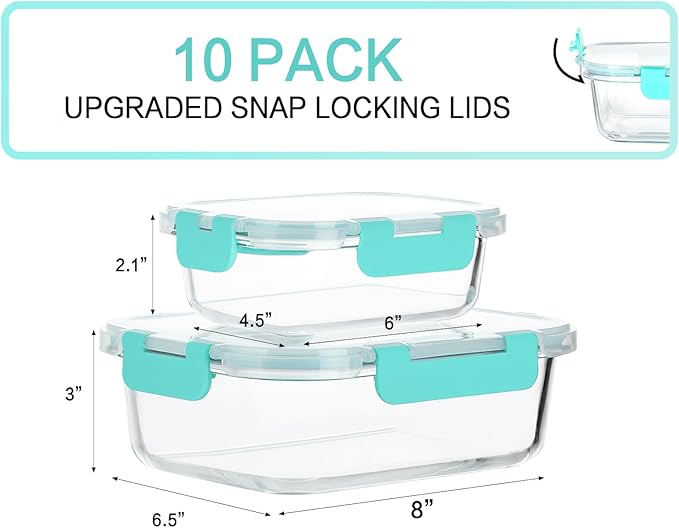 [10-Pack]Glass Meal Prep Containers with Lids, MCIRCO Glass Food Storage Containers with Snap Locking Lids, Airtight Lunch Containers, Microwave, Oven, Freezer and Dishwasher, Green