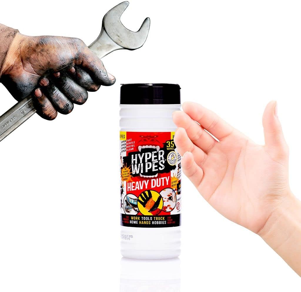 Hyper Wipes, 12 Pack Heavy Duty Hand & Tool Cleaning Wipes, 7"x12" Size Multi-Surface Cleaning Wipes, Degreasing, All Purpose Cleaner, Bathroom, Mechanic, Work Surface Wipes, 420 Count Canister