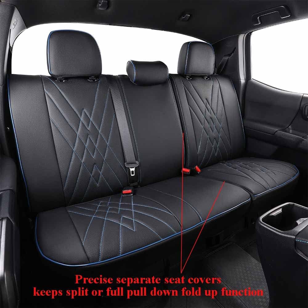 EKR Custom Fit Tacoma Leather Car Seat Covers for Select Toyota Tacoma 2012 2013 2014 2015 (Regular Seats)- Full Set, Leather (Black with Blue Trim)