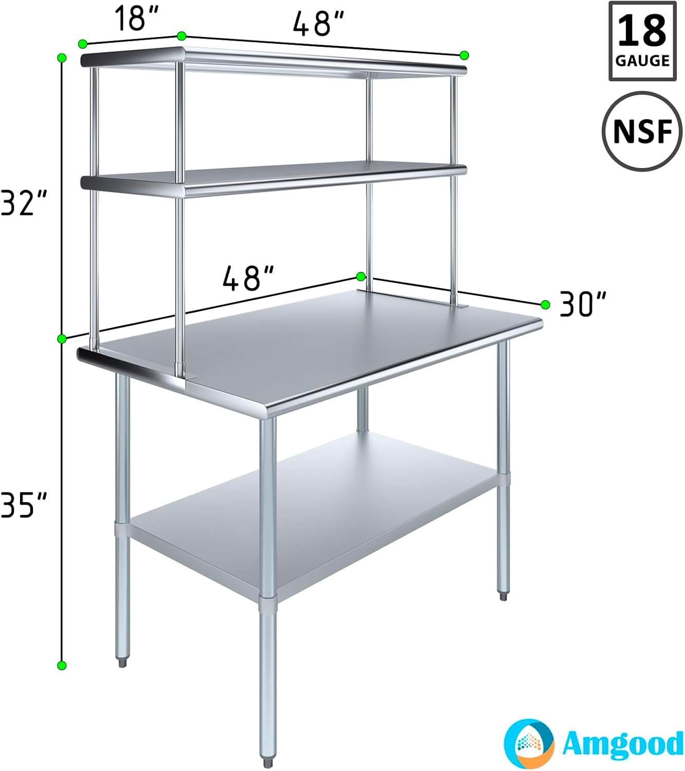 Amgood Stainless Steel Work Table Double Tier Overshelf | 30" x 48" Work Table + 18" Overshelf