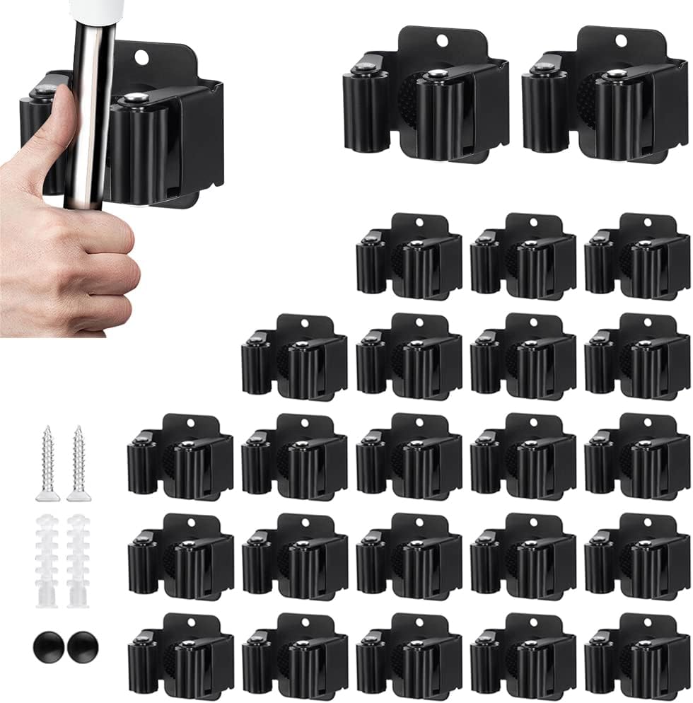 24PCS Broom and Mop Holder, Heavy Duty Garden Tool Organizer Rack Rake and Shovel Handle, Stainless Steel Mop Hanger. Wall Mounted with Screws.Matte Black