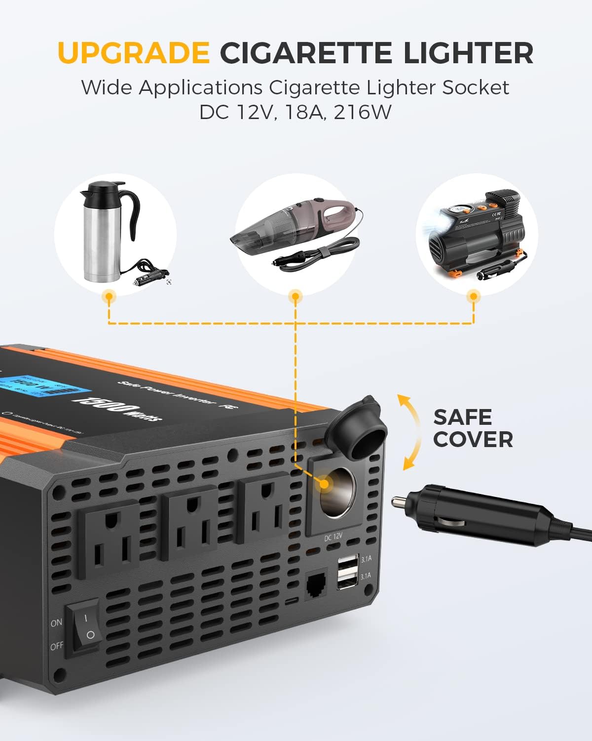 Ampeak 1500W Power Inverter 6.2A Dual USB Ports 3AC Outlets Inverter DC 12V to AC 110V Cigarette Lighter Port 17 Protections for Outdoor Activities, Emergency, RV