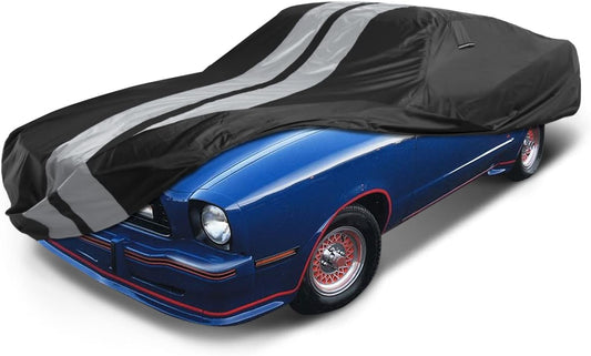iCarCover Custom Car Cover Compatible with Mustang 1974-1978, Waterproof All Weather Rain Snow UV Sun Protector Full Exterior Indoor Outdoor Car Covers, Stripe (Black/Gray)