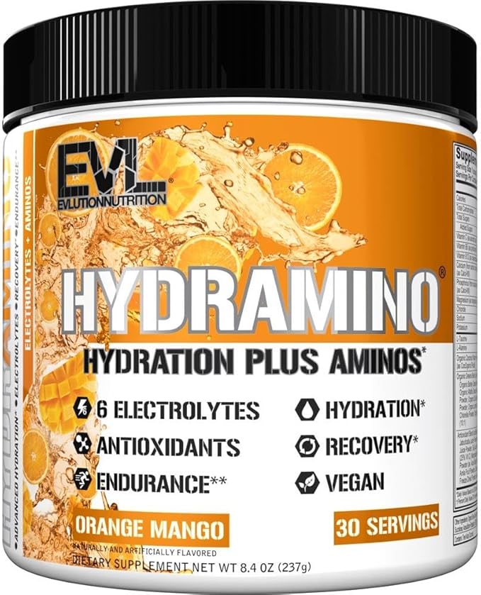 Evlution Nutrition HYDRAMINO Complete Hydration Multiplier, All 6 Electrolytes, Vitamin C & B, Fluid Boosting Aminos, Coconut Water, Endurance, Recovery, Antioxidants, 30 Serve, Orange Mango