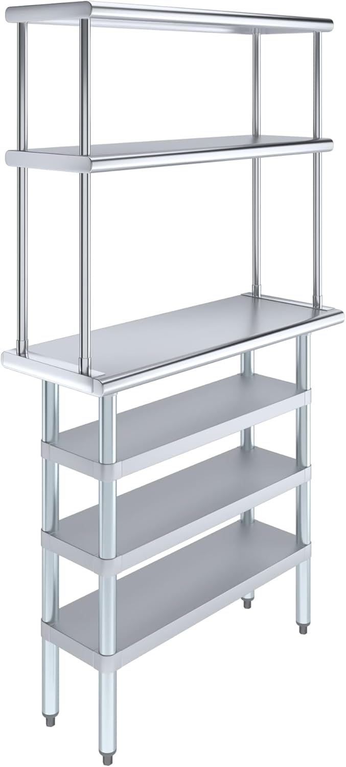 Amgood 14" x 36" Stainless Steel Work Table with 3 Shelves and 12" Wide Double Tier Overshelf | Metal Kitchen Prep Table & Shelving Combo | NSF
