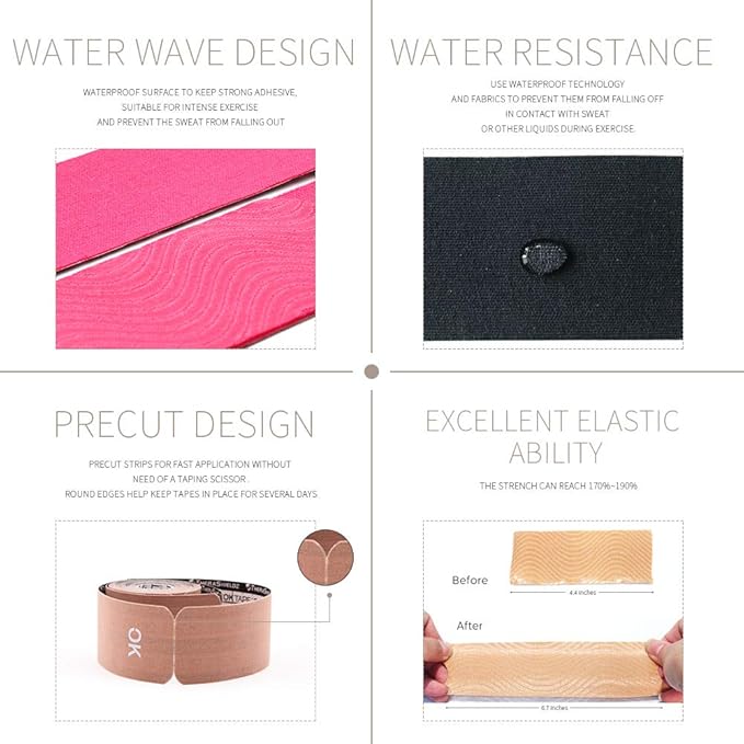 OK TAPE Kinesiology Tape 10 inches Precut, 20 Strips, Cotton Elastic Athletic Tape Latex Free, 2in x 16ft, Navy Blue