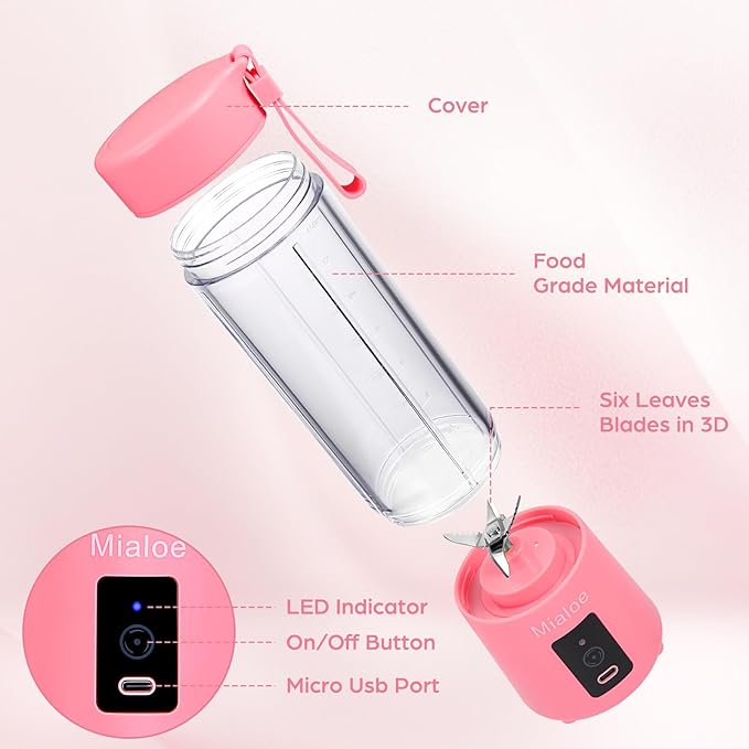 Portable Blender, Personal Size Eletric USB Juicer Cup, Fruit, Smoothie, Baby Food Mixing Machine Magnetic Secure Switch 14 oz (Pink)