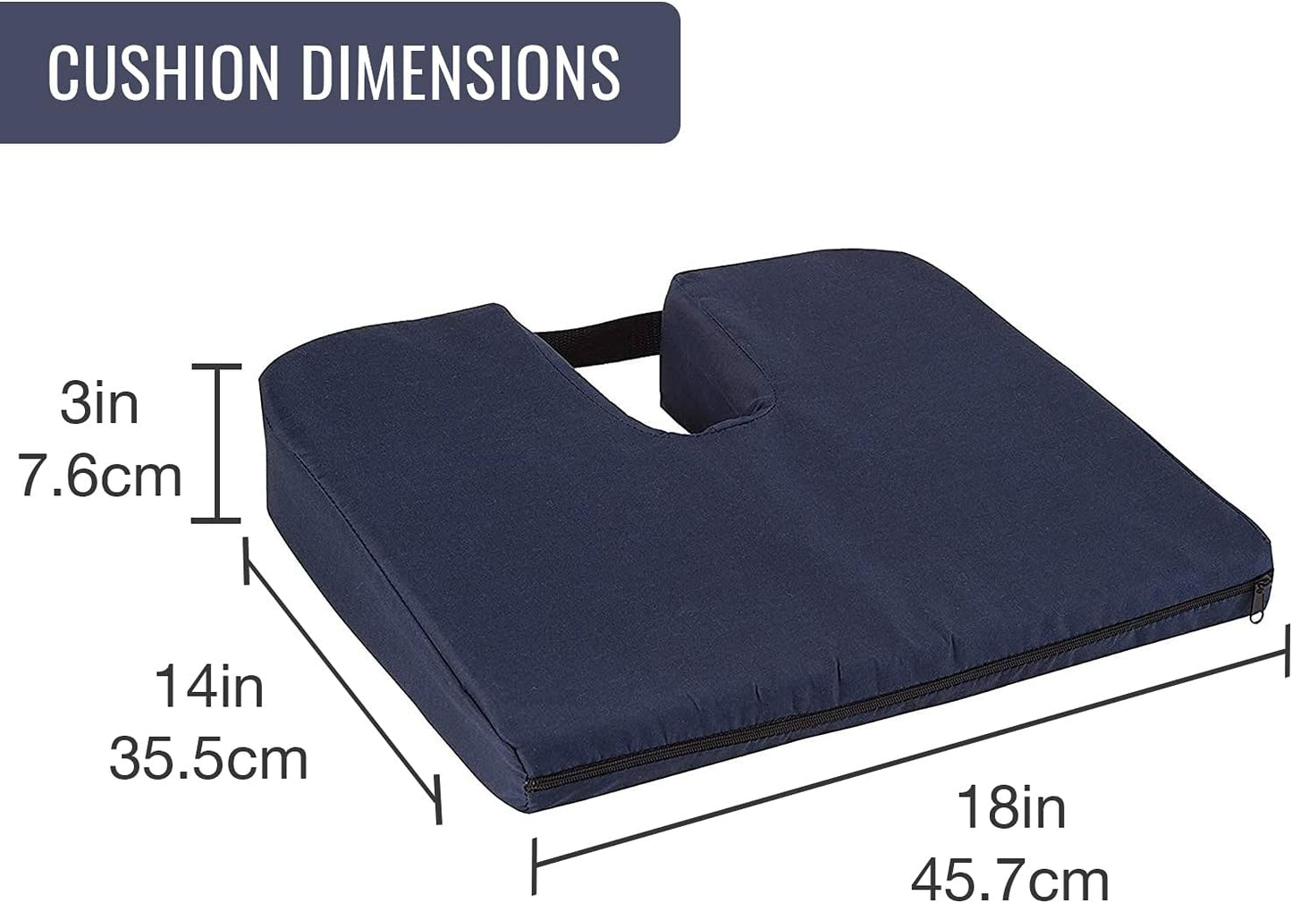 DMI Sloping Back Foam Seat Cushion for Coccyx Pain Relief, For Use with Chairs and Wheelchairs, With Cover, FSA HSA Eligible, 16 x 18 x 2 – 4 Inches, Navy.