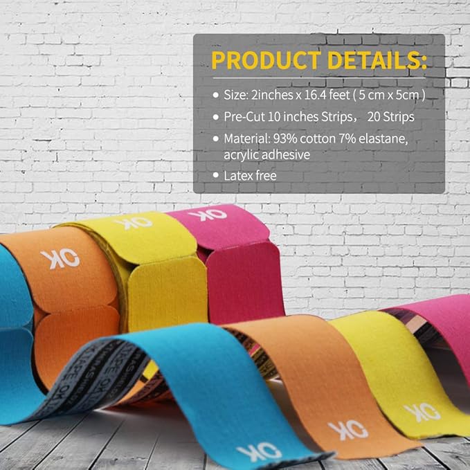 OK TAPE Kinesiology Tape 10 inches Precut, 20 Strips, Cotton Elastic Athletic Tape Latex Free, 2in x 16ft, Orange