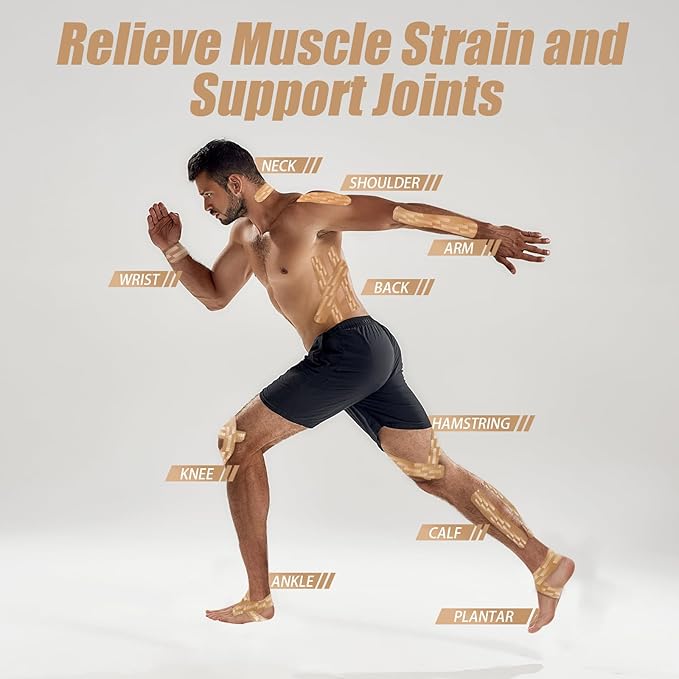 Kinesiology Tape, 2 Rolls Hypoallergenic Athletic Tape for Muscle Strain Relief & Joint Support, Waterproof & Breathable Sports Tape for Pain Relief, 2in x 16ft Uncut Roll-Stripe (Beige)