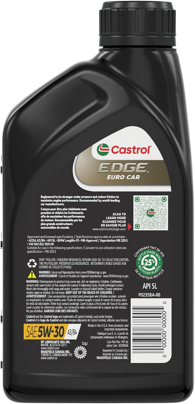 Castrol EDGE Euro 5W-30 A3/B4 European Advanced Full Synthetic Motor Oil, 1 Quart, Pack of 6