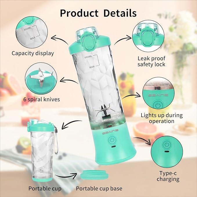 Portable Blender, Personal Blender for Shakes and Smoothies with 20 Oz Travel Cup and Lid, Mini Personal Size Blender with 6 Blades and USB Rechargeable for Gym and Kitchen (Mint Blue)