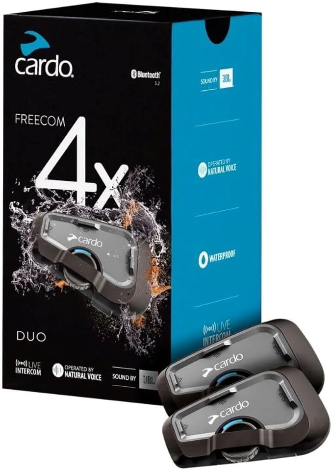 Cardo Systems FREECOM 4X Motorcycle 4-Way Helmet Bluetooth Communication System Headset Intercom, Universal Bluetooth Connectivity, Waterproof, 40mm Speakers - Dual Pack