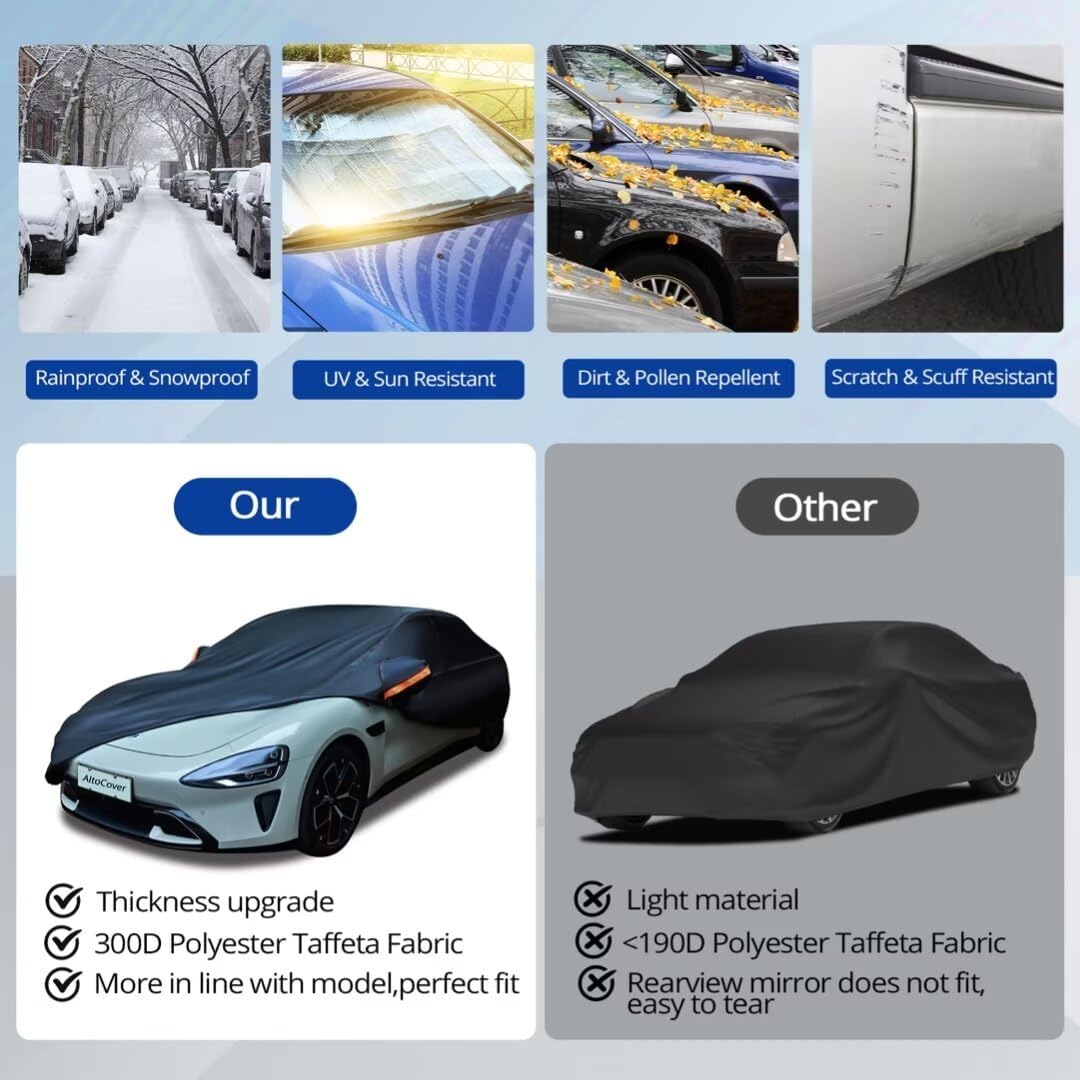 6 Layer Heavy Duty Car Cover Waterproof All Weather Protection with Cotton Liner, Universal Fit Ford Mustang, Chevrolet Camaro, Toyota Camry, Honda Accord Civic, Nissan Altima,Tesla Model 3
