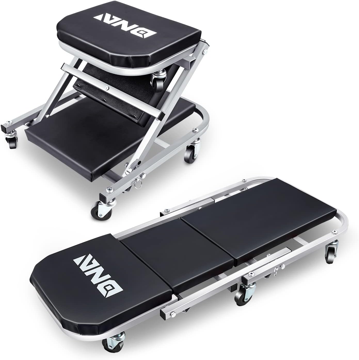 ‎DNA MOTORING TOOLS-00185 36 Inches 2 IN 1 Rolling Folding Car Creeper/Seat, 6 Pcs 2" Casters, 150kg Weight Capacity, Gray