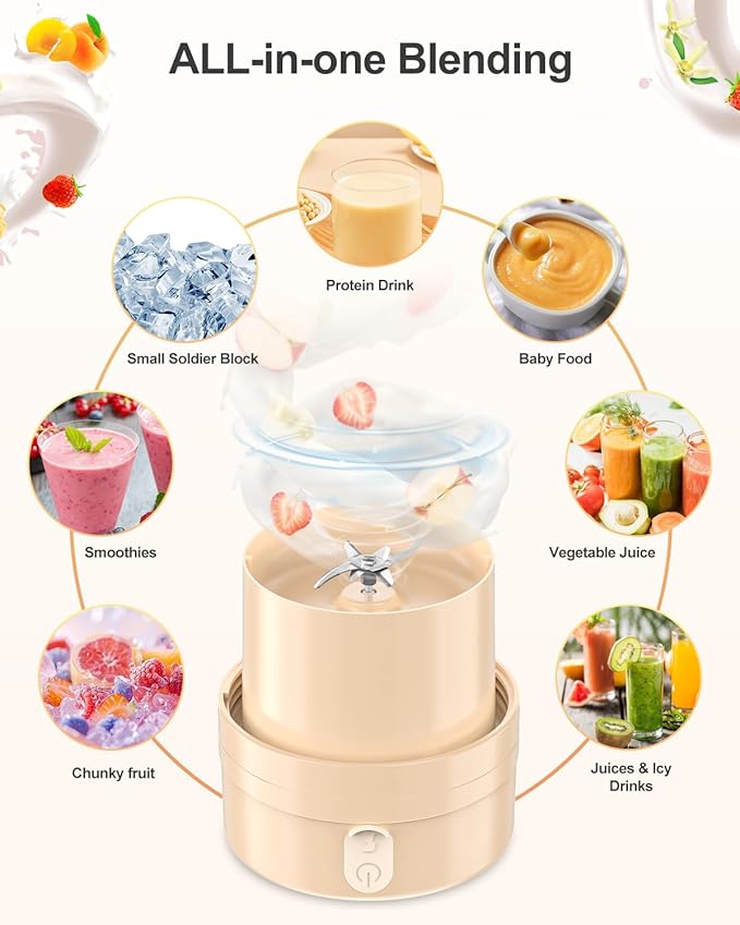 kawu Portable Blender, Portable Smoothie Blender On the Go, No-BPA, Portable Blenders for Shakes and Smoothies Leakproof-Lid and Sip Spout, USB-C Rechargeable, Recipes, with Handle/Strap, White