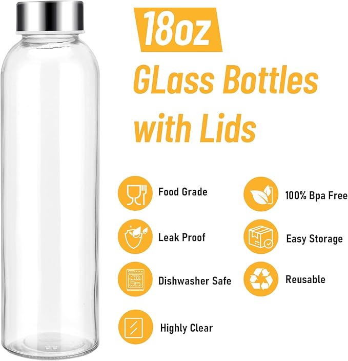 [12 Pack]18 oz Glass Water Bottles with Lids, Juice Bottles, Clear glass juice bottle for juicing, Eco-Friendly Reusable Glass Juicing Bottles with Stainless Steel Lid, BPA Free,Leak-Proof