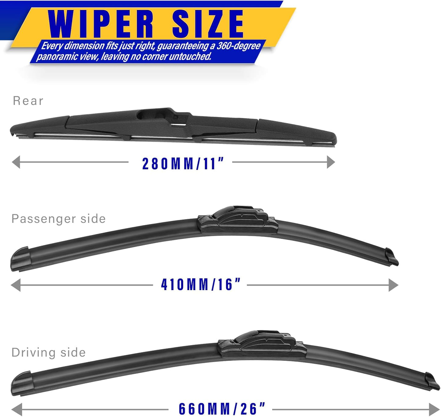 3 wipers Replacement for 2017-2022 KIA Sportage/2019-2021 2022 2023 Hyundai Santa Fe, Windshield Wiper Blades Original Equipment Replacement - 26"/16"/11" (Set of 3) U/J HOOK