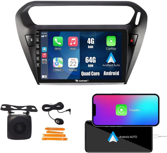 Kunfine Car CarPlay Android Auto Navigation Stereo GPS Radio Reverse Camera Display 9" IPS Touchscreen Headunit Tablet Pad Media Player For Peugeot 301 13-22 if Applicable Quad Core 4G+64G Matte Black